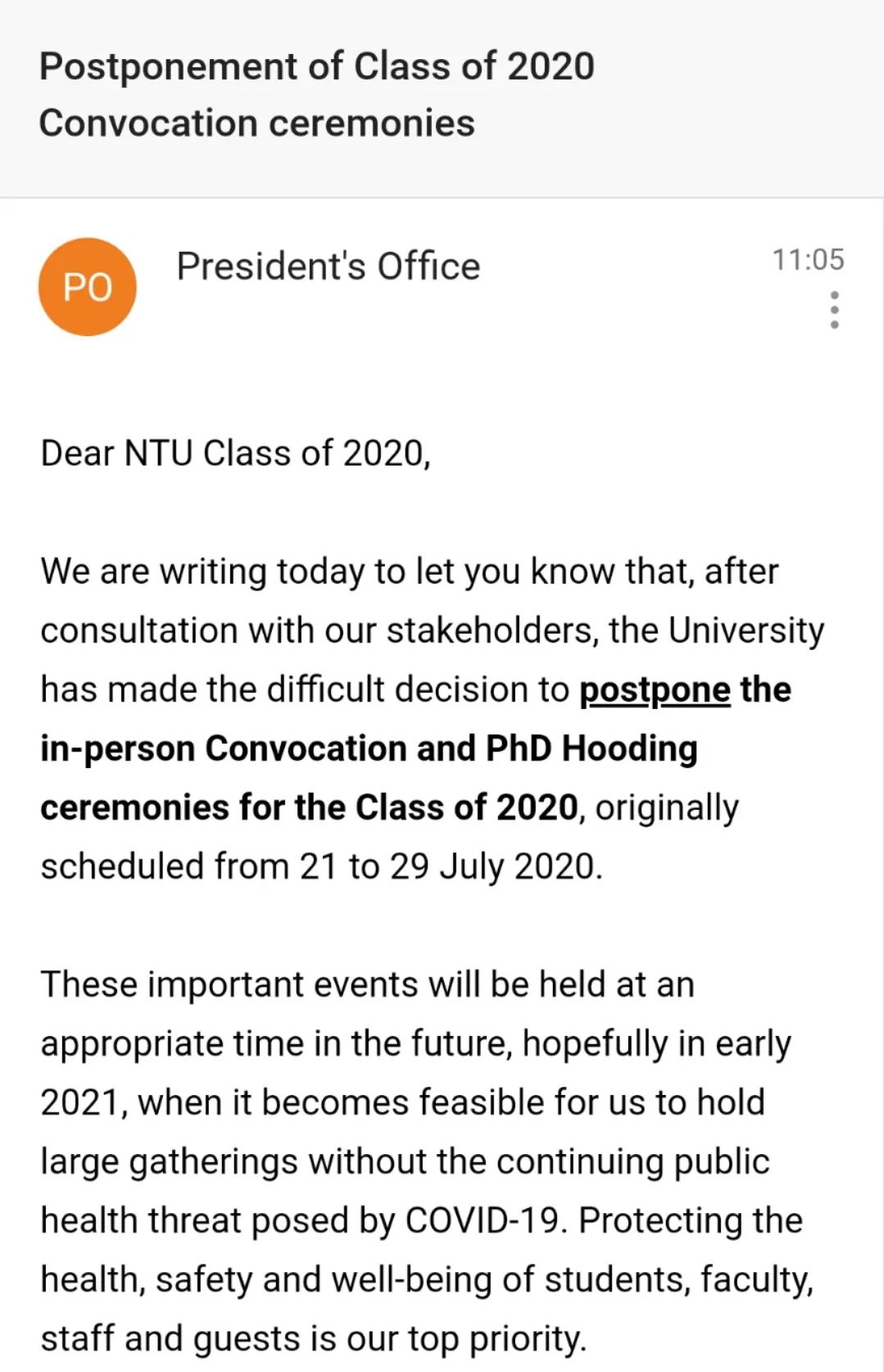 南洋理工大学宣布推迟2020毕业典礼