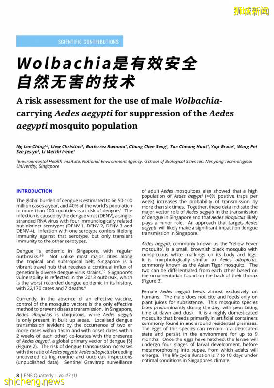 新加坡投放攜帶沃爾巴克菌雄蚊對抗登革熱