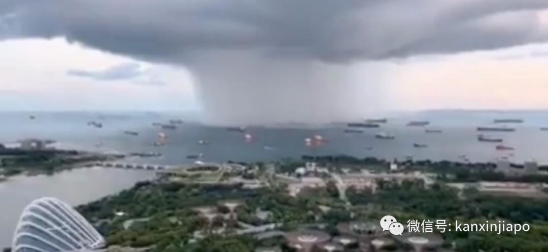 新加坡海天之间出现巨大”雨柱“