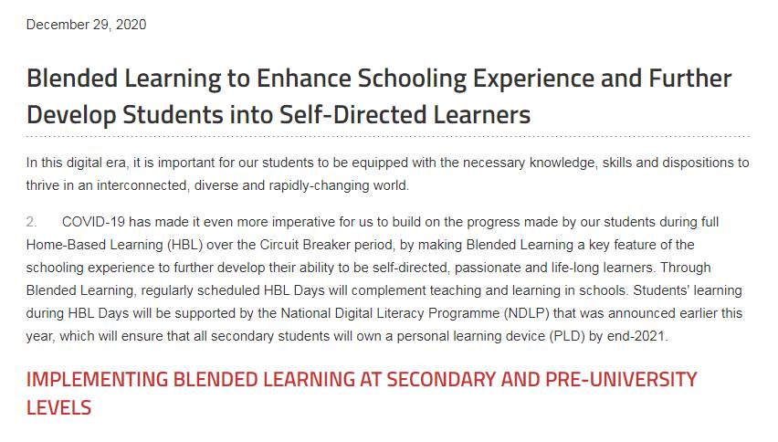 明年6月起，所有中學、初級學院推行在校居家混合學習模式