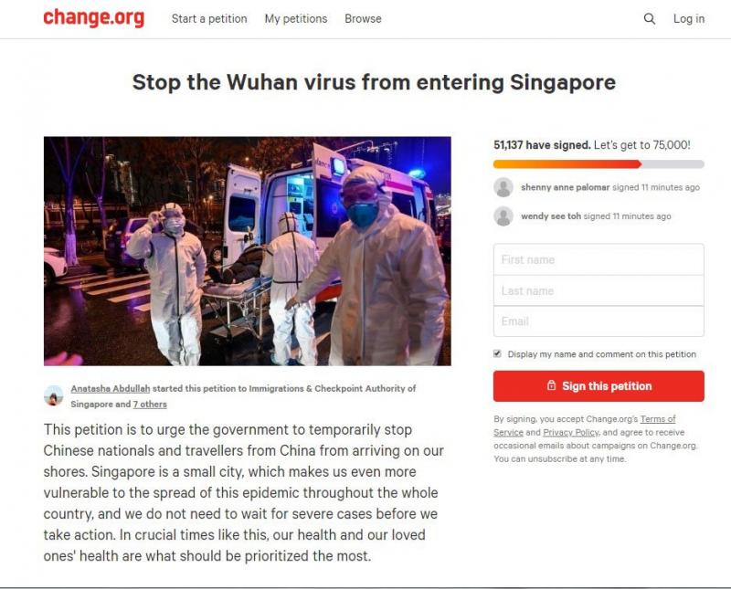 ◤武汉肺炎◢ 新加坡人也请愿 促政府禁中国人入境
