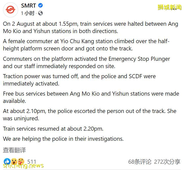 新加坡一女孩欲跳高架桥,致地铁停运30分钟,7辆警车出动
