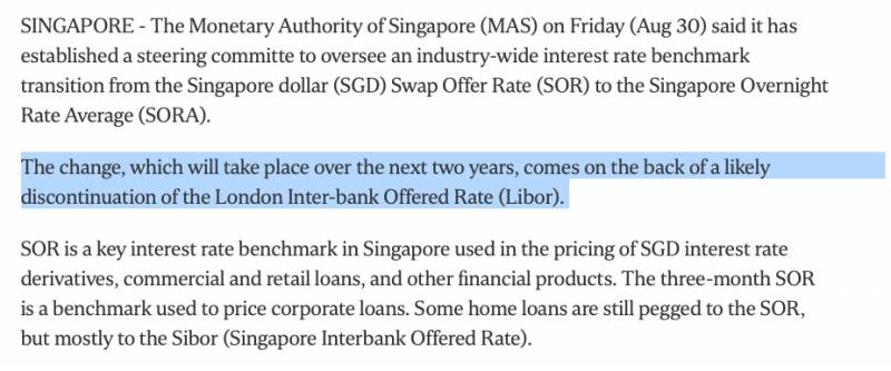 新加坡金融管理局：新加坡银行将从利率基准SOR