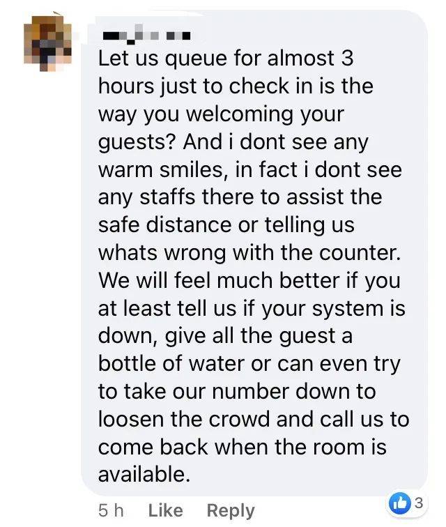 網友吐槽:人太多了!烏節路這個酒店失誤,白白等了4個小時