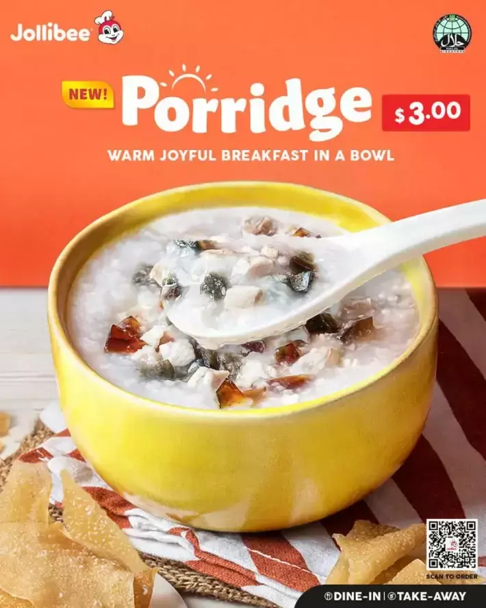Jollibee推出早餐皮蛋瘦肉粥，早餐又有新选择啦