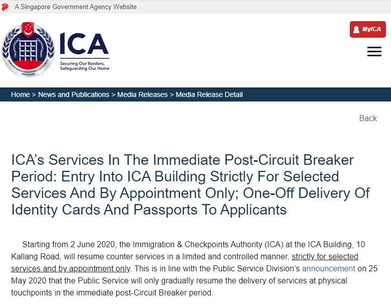新加坡移民局最新通知：6月2日起只允许通过预约的访客进入，并且只能办理预约业务