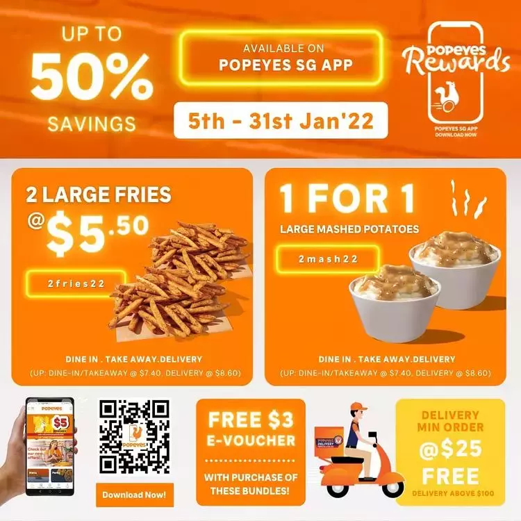便宜吃薯条炸鸡😍Popeyes高达半价优惠+买一送一!仅限手机App点单使用,直到1月31日