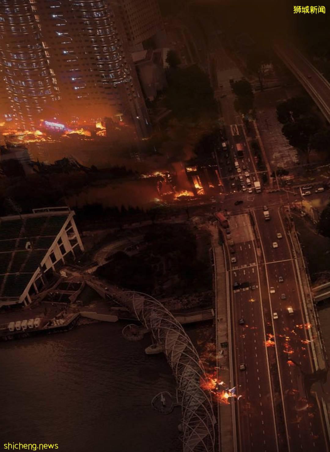 新加坡“遇襲”圖片遭瘋傳，驚現末日場景！魚尾獅斷頭、大樓被腰斬、市中心傾塌成廢墟