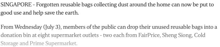 新加坡8个超市商店推出可重复使用袋的捐款箱