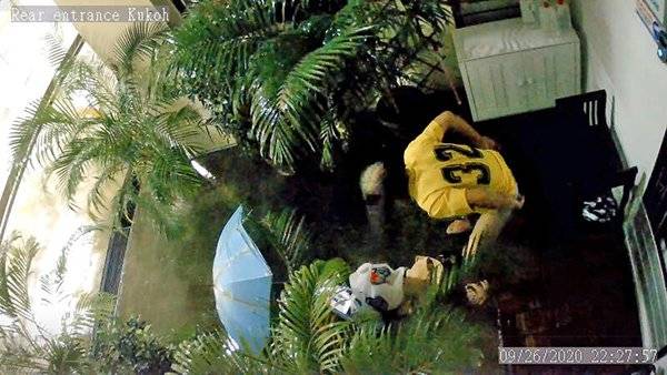 阿叔撑伞店前开大   完事内裤扔花盆