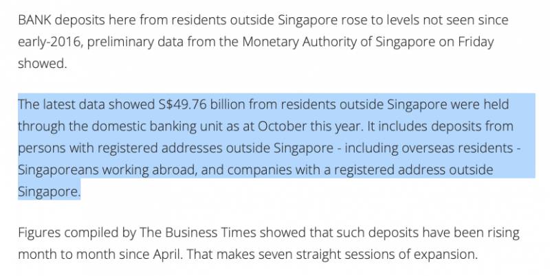 在过去的几个月里，新加坡的非居民存款有所增加