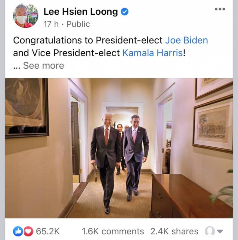 李顯龍發文祝賀拜登！拜登曾在新加坡街頭閑逛，買了一杯甘蔗汁