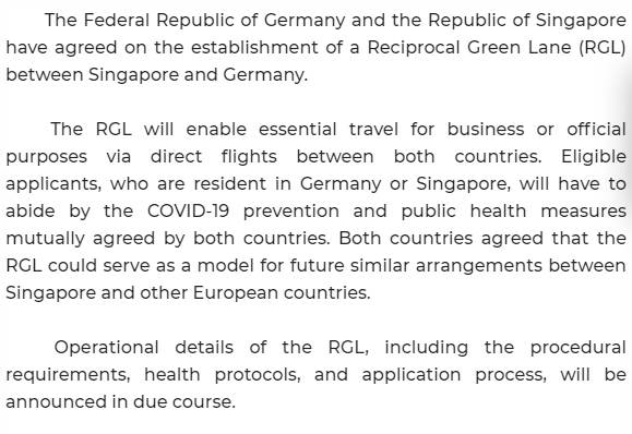 新加坡外交部：將同德國開辟綠色互惠通道恢複必要公商務往來