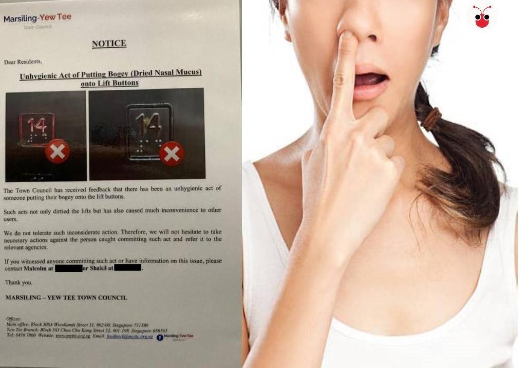 马西岭组屋电梯按钮黏着鼻屎，市镇会警告将对付“鼻屎人”