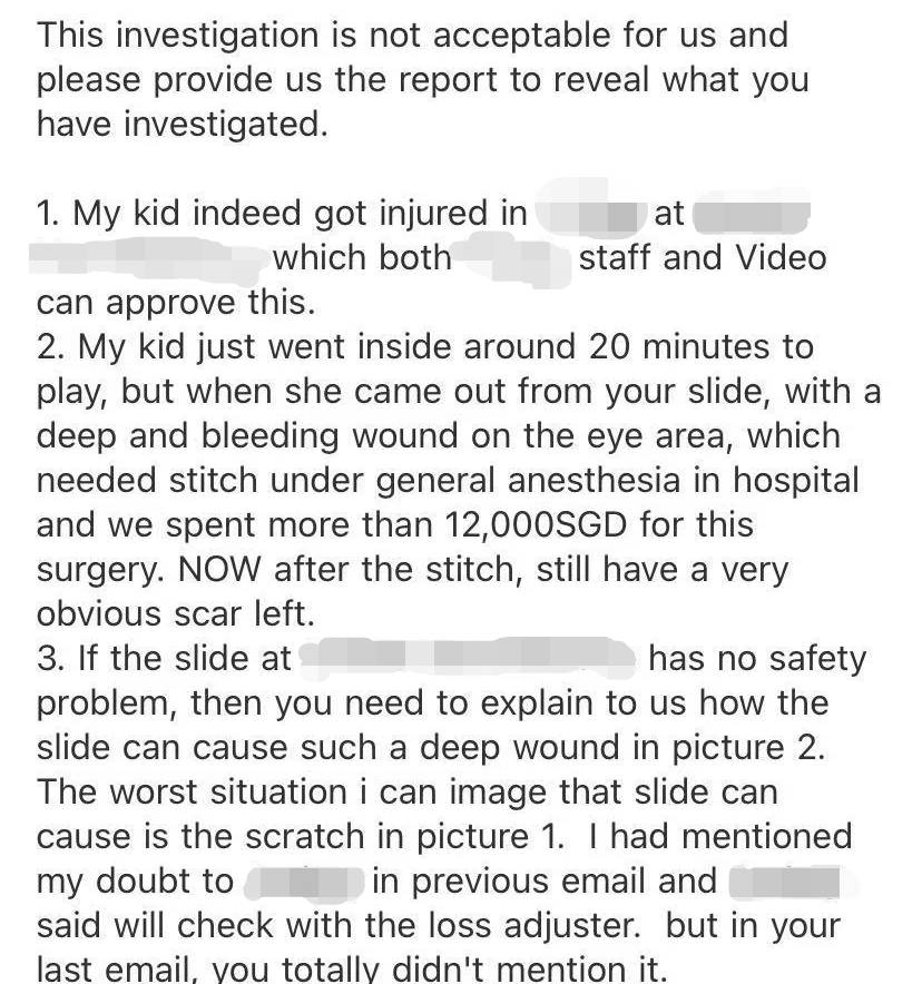 求助:2岁女儿眼睛在新加坡游乐场受重伤!1万多新治疗费!工作人员拒不负责!怎么办