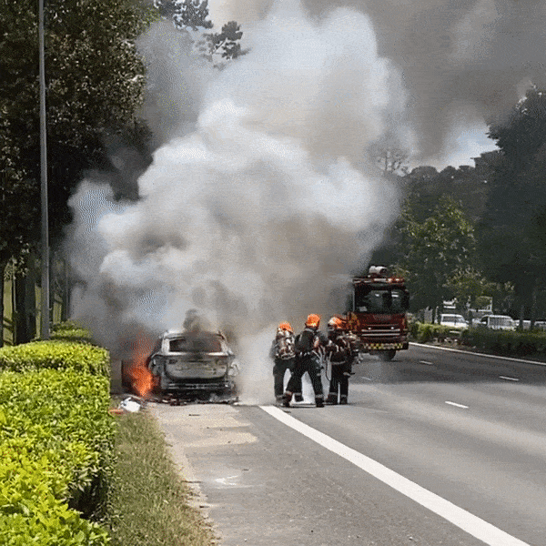 新加坡一天2起轿车自燃事件！火势猛烈，女子失声痛哭，宝马烧剩废铁