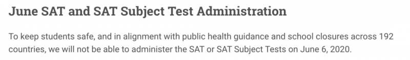 为应对新冠疫情，美国理事会宣布取消6月SAT和SAT2考试并增加9月SAT考试