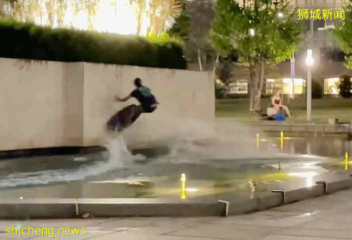纪念碑水池玩滑板 “冲浪”男子被控