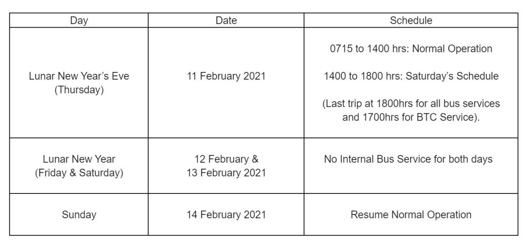 生存指南 NUS 2021春節期間校車及公共設施運營時間