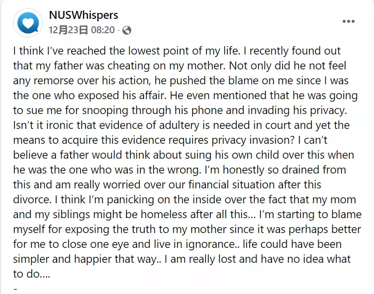 新加坡大学生自曝：揭发父亲外遇私情，反被起诉