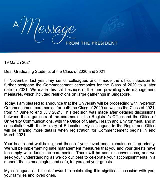 新加坡國立大學2020及2021屆畢業典禮將在線下舉行