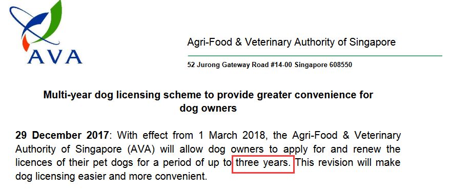 【AVA农粮局】明年3月起 可申请或更新饲养狗儿三年执照