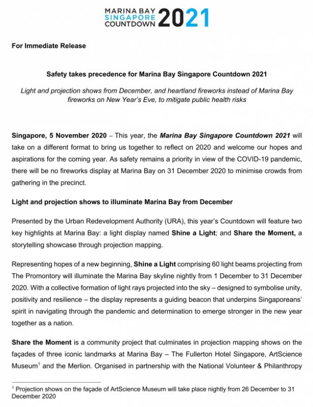 今年12月31日新加坡滨海湾将不会点燃跨年烟火,跨年倒数也将以另一种方式进行