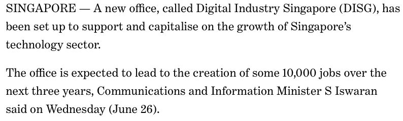 新加坡数字产业办公室发展司成立，创造10,000个就业岗位