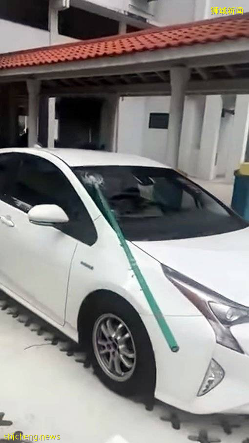 阿嫂晾衣一时松手 竹竿掉落 插穿车镜