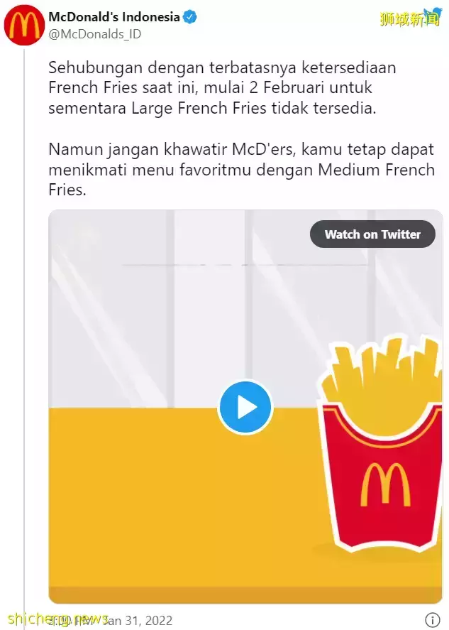 紧张！新加坡各大快餐店也闹起了“薯条荒”