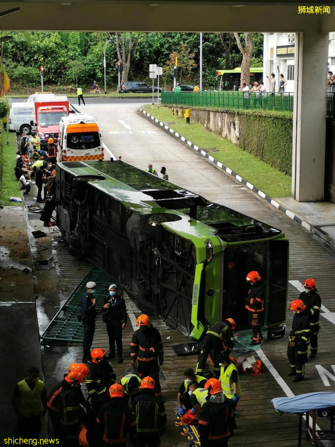 突发!新加坡一巴士从高处摔下,90度翻车窗户全碎!14人被紧急送往医院