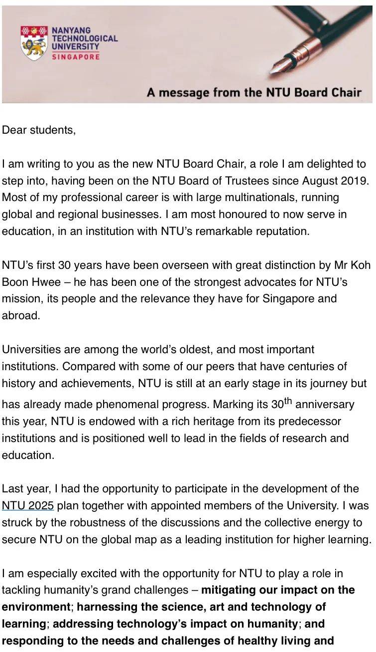 吴瑞真女士正式接任南洋理工大学校董会主席