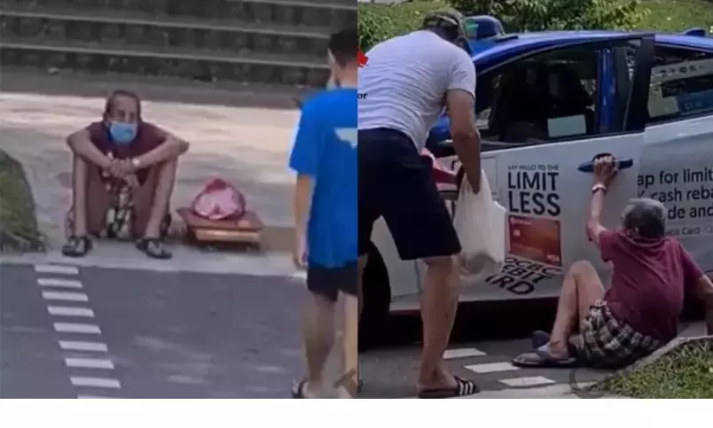 老翁双脚无力靠双手爬行 3好心人联手合力扶他上德士