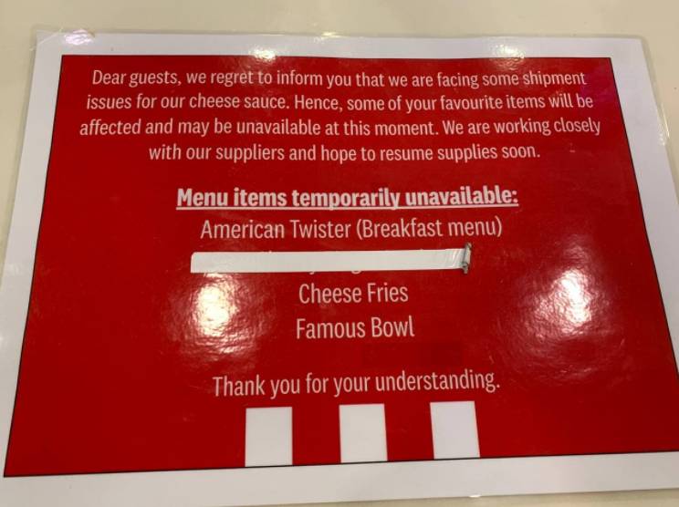 由于运输问题,最近在新加坡可能无法吃到肯德基芝士薯条