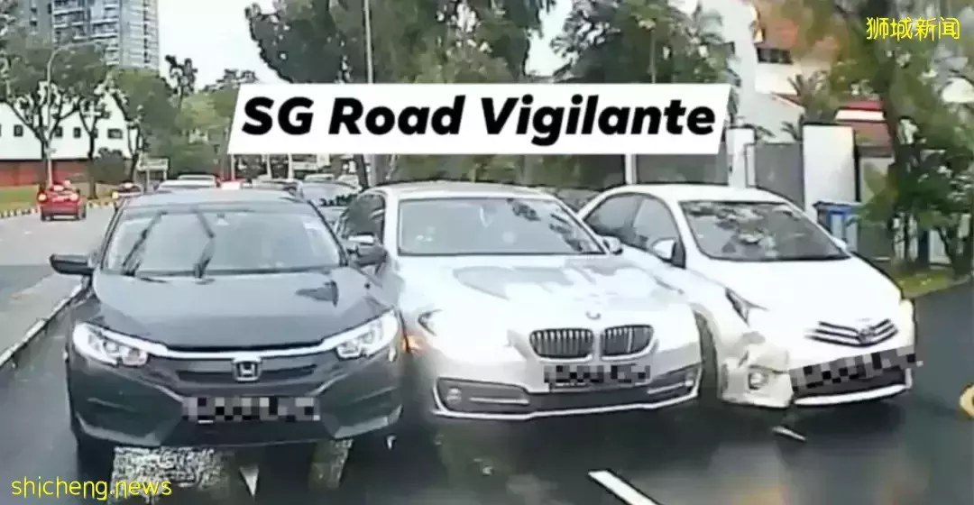 新加坡寶馬車超車不果，生生把三輛車擠成“連體嬰”，左右爲難