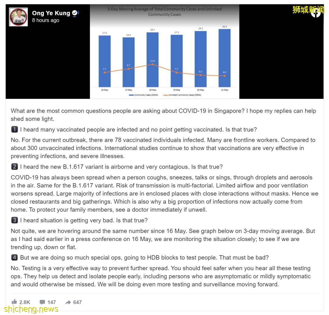 “打疫苗後照樣感染，有什麽意義？”，新加坡衛生部長回應來了