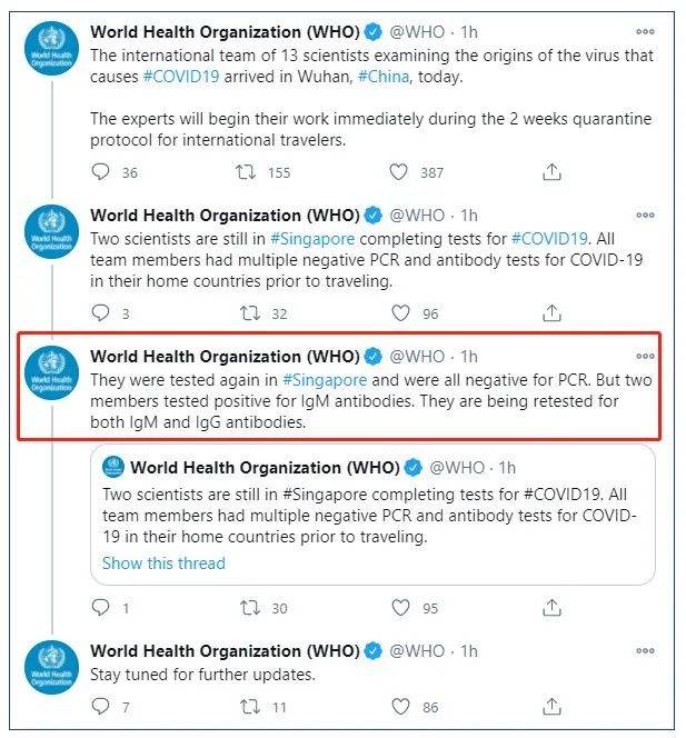 两名世卫专家飞武汉前在新加坡检测出抗体阳性,无法满足双阴性证明,将留在新加坡进行后续检测