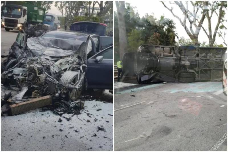 新加坡裕廊恐怖车祸！车头起火，十几个客工从翻车大巴中爬出