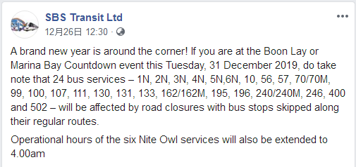 跨年夜新加坡巴士、地铁运营延迟，看烟花这些绝佳地点免费！