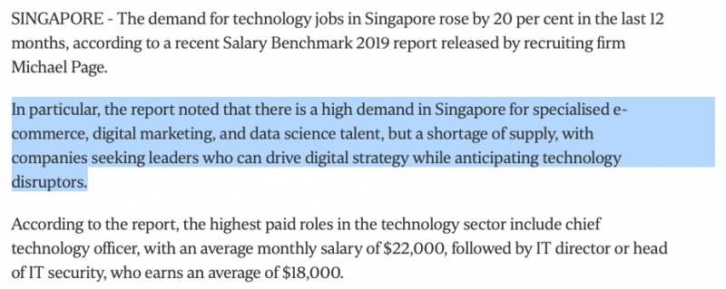新加坡对科技相关职位的需求比去年增长了20％