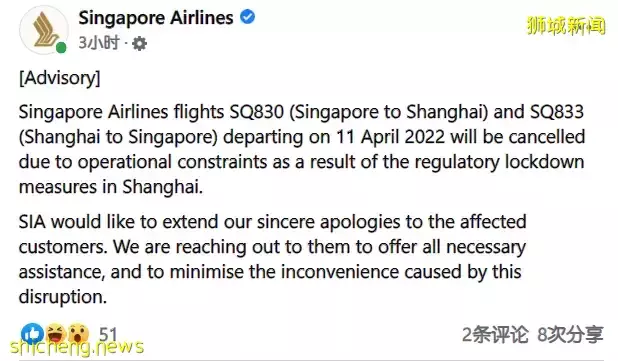 飞中国的这趟航班取消!在上海的新加坡人最近怎么样