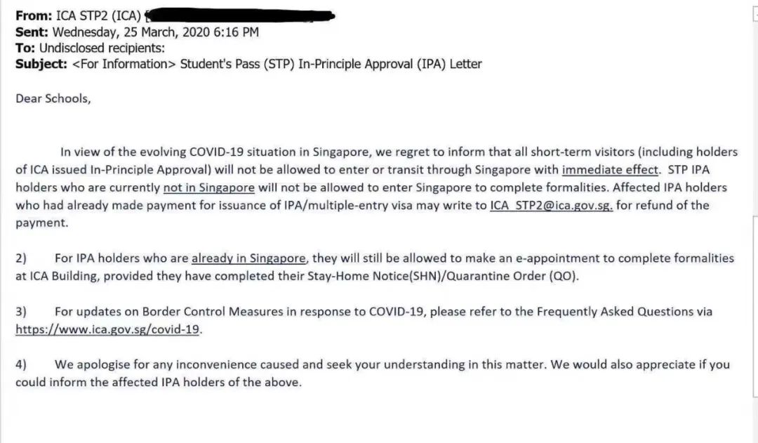一刀切，学生准证IPA持有者禁止入境新加坡