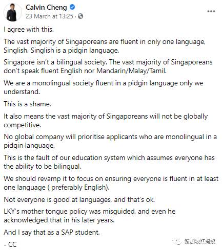 前官委议员吐槽:新加坡人只会讲Singlish都是双语教育的错