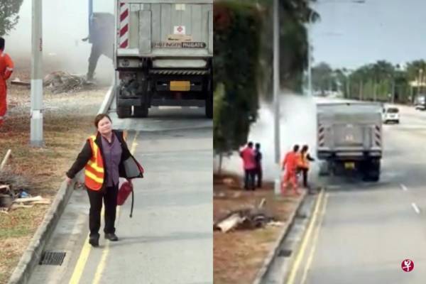 罗厘冒烟 3男路旁商对策 女车长帅气扛灭火器灭火