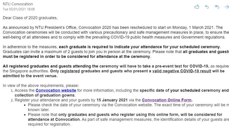 新加坡南洋理工大学毕业典礼将于3月举行,出席者需进行新冠病毒检测