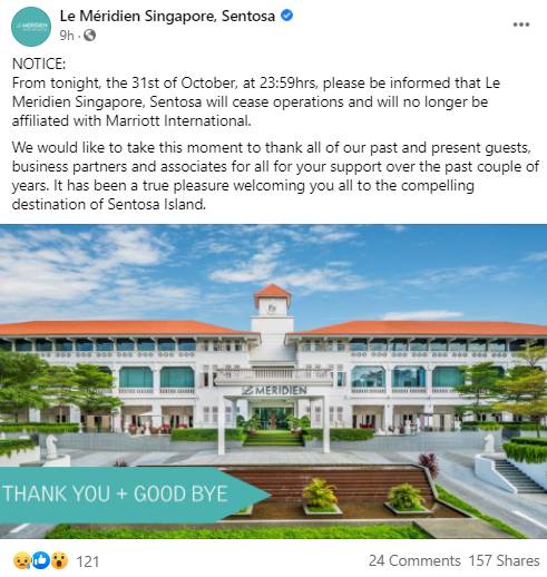 新加坡五星级圣淘沙艾美酒店宣布结束营业，并脱离万豪国际集团