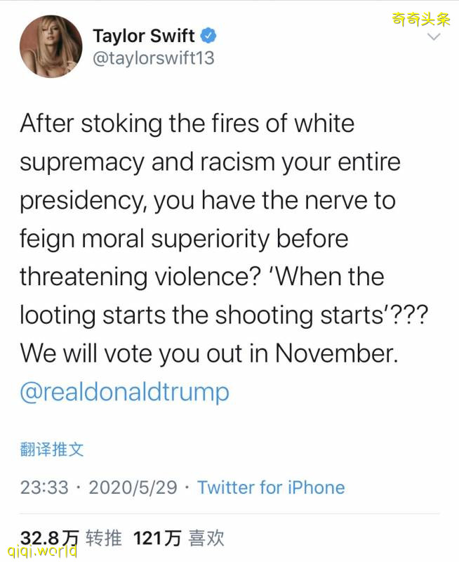 点赞超百万!就种族歧视问题,霉霉喊话特朗普“11月把你投下去”!