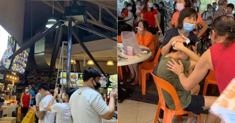 噩夢成真！新加坡食閣的巨型吊扇掉下來砸傷了人，血流不止