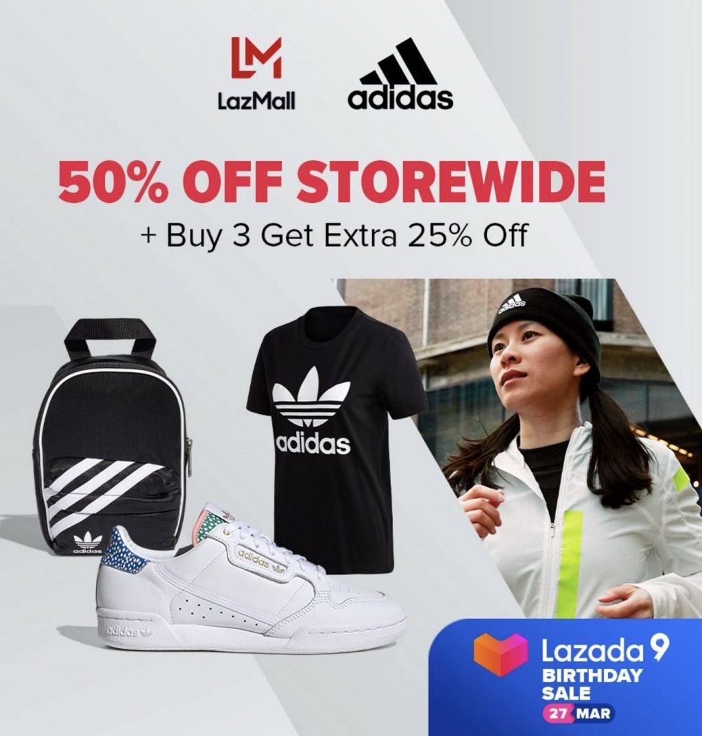 Adidas Lazada旗艦店閃促活動,全場5折+買3件額外75折!僅限3月27日一天