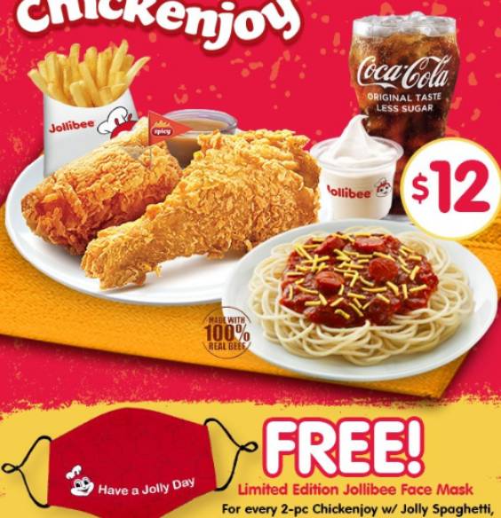 快来Jollibee吃一顿丰盛的快餐吧,限量版口罩免费送